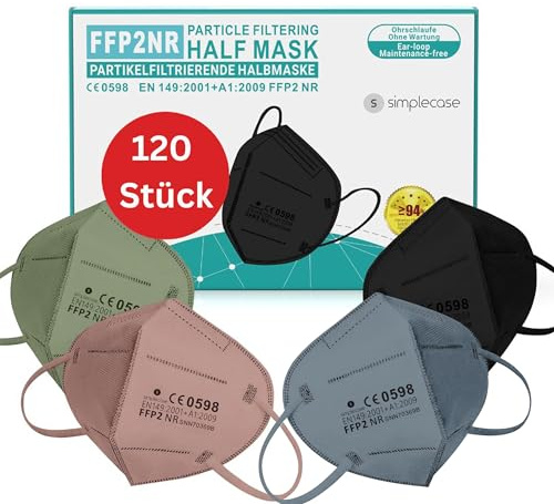 Simplecase - 120 mascherine FFP2, certificate dall'organismo designato ufficialmente 0598, respiratore, maschera per filtro antiparticolato
