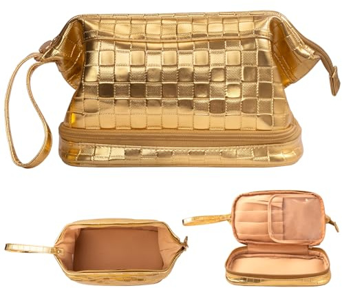 Abiudeng Kosmetiktasche Kulturtasche Kulturbeutel-Damen Schminktasche Groß Wasserdicht Make up Organizer Tasche Reisen Kosmetiktasche mit Pinselfach Make up Tasche Klein für Frauen-C-Gold