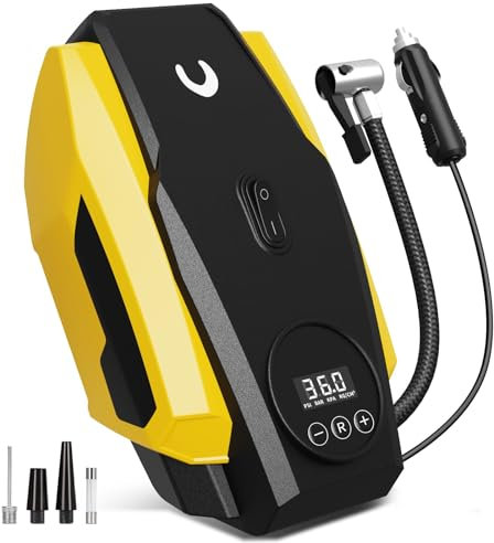 Powools Tyre Inflator Portable Air Compressor - Air Pump for Car Tyres - 12V DC Compact Tyre Pump with Auto Shutoff Function - Multipurpose Car Accessory with LED Light, Yellow, Medium