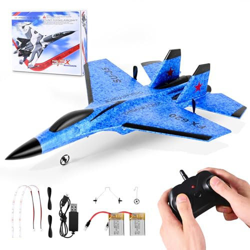 SenDeluz RC Flugzeug, 2,4 GHz Ferngesteuertes Flugzeug 2CH Segelflugzeugspielzeug mit 3 Axis Gyro System Fighter mit Nachtlichter 2 Batterien für Anfänger, Kinder, Erwachsene