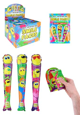 HENBRANDT 12 x selbstaufblasender Baseballschläger mit gelbem lächelndem Gesicht, aufblasbar, 48 cm, aufblasbares Spielzeug, 3 verschiedene Smiley-Designs, Kostümparty, Dekoration, Strumpffüller