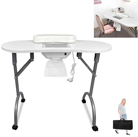 TANYEAR Maniküretisch mit Absaugung, 98x44 x77 cm Faltbar Maniküre Tisch Nageltisch mit Staubbeutel Tragbaresmanikürtisch Mobilesmanikürtisch Tragetasche mit Rollen 13 KG, Weiß