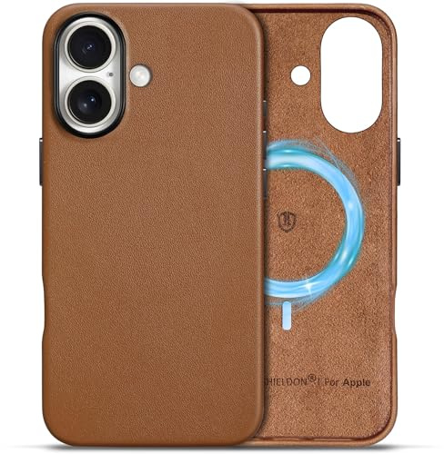 SHIELDON Lederhülle für iPhone 16, Magnetisch Kabelloses Laden Case [Echtleder] [Dünn] [Stoßfest] [Leicht] Kratzfest Schutzhülle Cover Hüllen Kompatibel mit iPhone 16 5G 6,1 2024 Sattelbraun