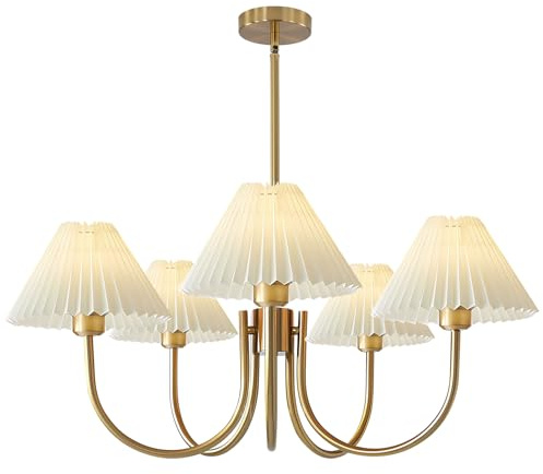 KCO Lighting - Lampadario a sospensione grande plissettato in ottone dorato con 5 luci Sputnik, lampada moderna a isola da cucina, illuminazione classica bianca per sala da pranzo, soggiorno
