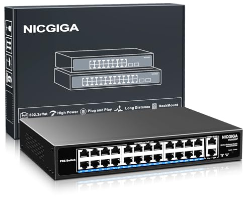 24 Port PoE Switch Unmanaged, 24 Port PoE+@400W, 2 Gigabit Uplink Ports, NICGIGA 26 Port Network Power Over Ethernet Switch, VLAN Modus, 250m Verlängerung, 19 Zoll Rackmontage, Plug and Play.