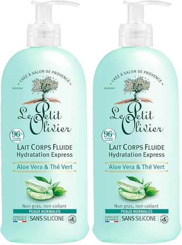 LE PETIT OLIVIER - Lait Corps Fluide Hydratation Express - Aloe Vera & Thé Vert - Hydrate & Rafraîchit - Peaux Normales - 97% D'Origine Naturelle - Sans Silicone - Fabriqué en France - 250 ml
