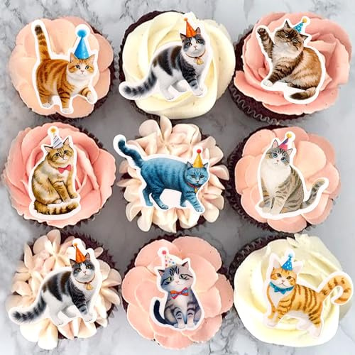 Blumomon 48pcs Edible Cat Cupcake Toppers Edible Cat Cupcake Decoration Happy Birthday Decoration Baby Shower Children's Birthday Cake Decoration Party Decoration Supplies