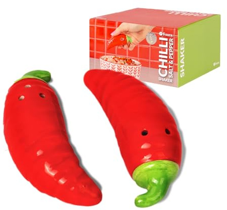 Fisura – Salero y pimentero original “chilli”. Set de sal y pimienta para la mesa con forma de chiles. Juego de salero y pimentero de cerámica. 2 unidades. 9 x 3 cm