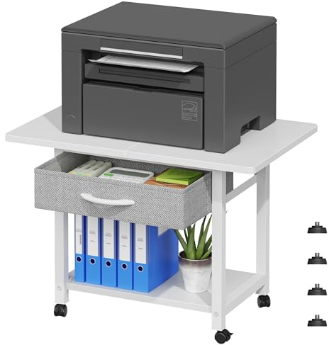 OYRREU 2 Tier Printer Stand on Wheels, 56x38cm Printer Table with Drawer Storage, Under Desk Printer Stand Pinter Shelf for Home Office Organization, fit Fax Scanner/3D Printer, White