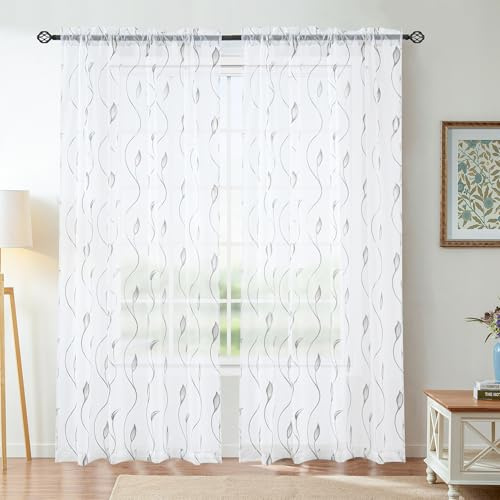 Youleyar Silber Folie Druck Sheer Vorhänge, 2 Panels Wicker Bronze Behandlung Sheer Vorhang, Rod Taschenfenster Behandlung Panels für Schlafzimmer Wohnzimmer, W140 cm x H245 cm