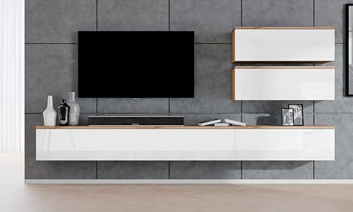 AXLIVING Anbauwand Loriano V Wohnwand Eiche Wotan/weiß Hochglanz 300