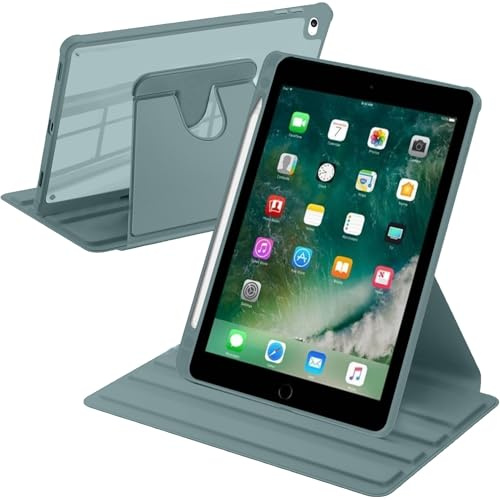 A-BEAUTY Hülle für iPad 9,7 Zoll 6./5. Generation/iPad Pro 9.7/ Air 2/Air | mit Stifthalter, 360° Drehbarer Ständer Klar Schutzhülle, Auto Wachen/Schlafen, Dunkelgrün