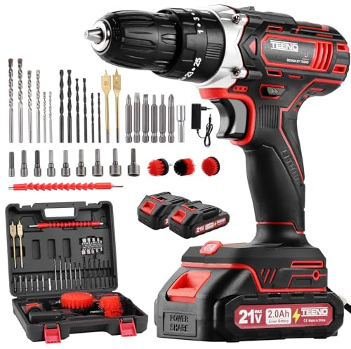 TEENO Trapano a Percussione a Batteria 21V, 45 Nm Avvitatore a batteria con spazzole,Compatibile con le Makita 2 batterie 2,0 Ah, 25+3 Impostazioni di Coppia,3 spazzole per la pulizia,2 Velocità, LED