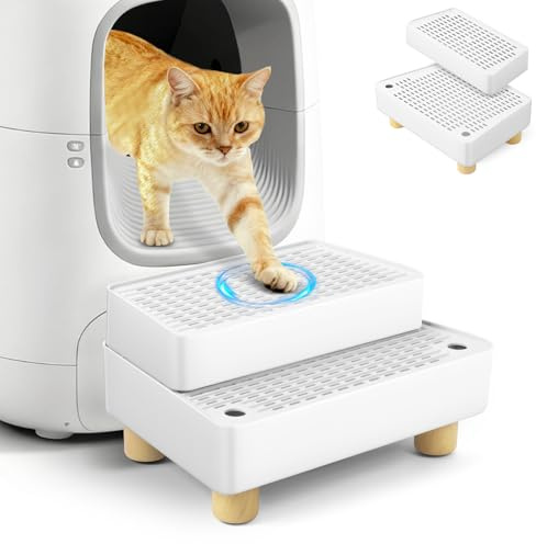 Bartuke Grande rampa per lettiera a 2 gradini, regolabile con piedini in legno, funzione filtro, scala per animali domestici per gattini e gatti anziani, lettiera automatica per gatti (bianco)