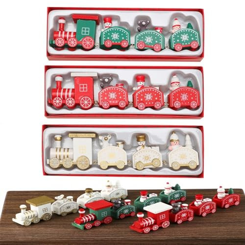 Yuanpgky Weihnachtszug aus Holz, 3 Stück, Miniatur-Weihnachtsdekorationen für Weihnachtsbaum, Tischdekoration und saisonale Feste, Holzhandwerk