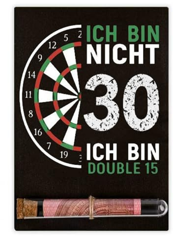MINISONA Lustiges Geldgeschenk zum 30. Geburtstag für Männer Ich bin nicht 30, ich bin Double 15 Darts Spruch, Tube mit Holzschild(30-1)