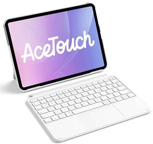Inateck Funda con Teclado para iPad A16 2025, 10/11 Gen (10.9/11), Air 11 M4/M3/M2, Air 6/5/4, Pro 11 (1-4Gen), QWERTY Español Ñ, Bluetooth Magnético Desmontable con Trackpad, Blanca AceTouch