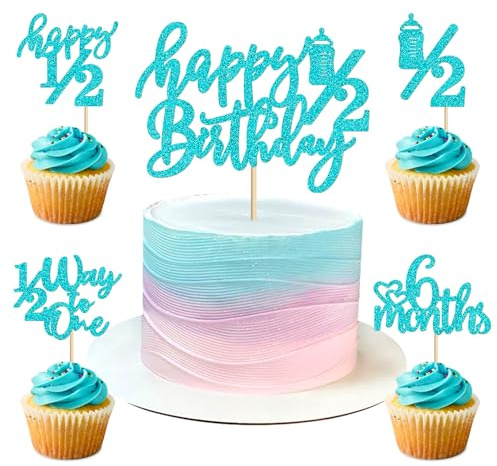 Blumomon 25pcs Blue Happy1/2 Birthday Cake Topper Half Way to One Cupcake Decorations 6 Months Cake Decorations for New Born Baby Boy Birthday Supplies