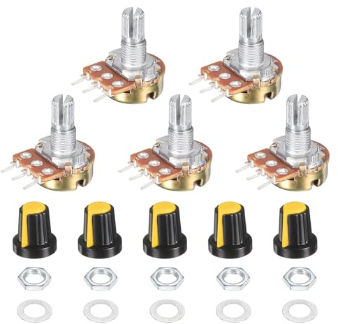sourcing map 5 Set WH148 1M Potentiometer Kit Ohm Variable Resistor Yellow | Linear Taper Adjustable Rotary Potentiometer with Knobs and Washers for Audio Applications Devices