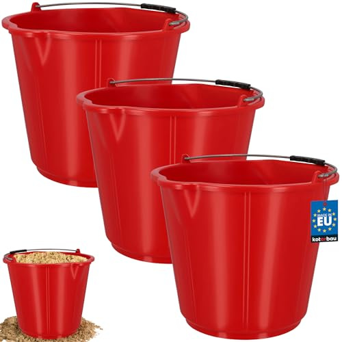KOTARBAU® Baueimer 21 L, Mörteleimer, Mörtelkübel mit Ausguss, HDPE | 3er Set, Maurer Werkzeug Eimer, Mörtelkübel, Kunststoff, Putzeimer mit Henkel und Skala, Rund, Rot