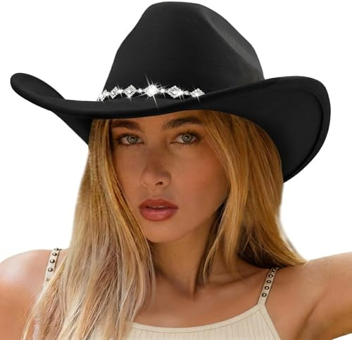 DRESHOW Western Cowboyhatt för Kvinnor och Män Glittrande Cowboyhattar med Bred Brätte och Diamantformade Tegelstenar Filt Fedora Unisex Upprullade Hut