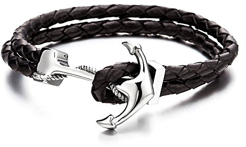 COOLSTEELANDBEYOND Rostfritt stål Män Kvinnor Marin Ankare Armband Armband Äkta Brunt Flätat Läderarmband