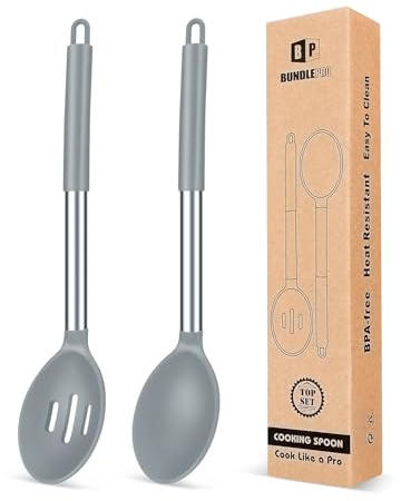 Pack of 2 Large Silicone Cooking Spoons,Non Stick Solid Basting Spoon,Heat-Resistant Kitchen Utensils for Mixing,Serving,Draining,Stirring (GREY)