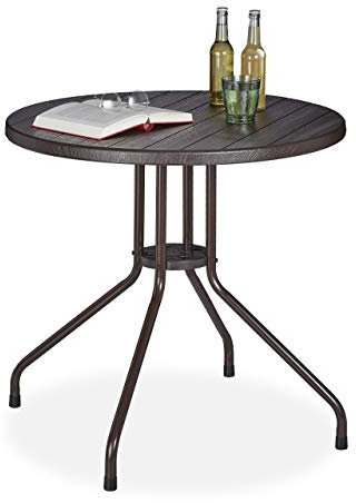 Relaxdays Table Ronde de Jardin, Aspect Bois, Plastique, métal, Balcon, terrasse, Stable, Robuste, HxD 75x80 cm, Brun