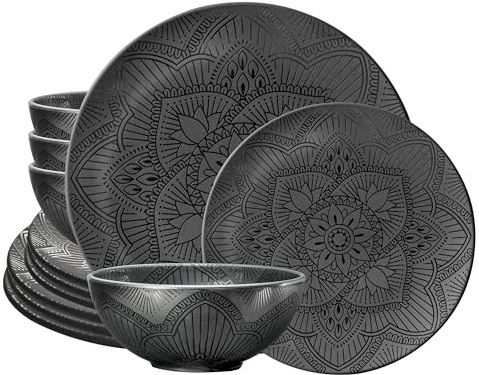 bzyoo Juego de vajilla de melamina negra de 12 piezas, duradero, apto para lavavajillas, platos y cuencos negros, ideal para fiestas, juego de platos de camping La La Mandala