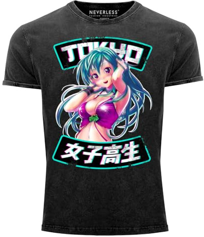 Neverless® Herren Vintage Shirt Anime Japan Style Manga Asien Comic Schulmädchen Printshirt T-Shirt Aufdruck Used Look Schwarz XXL