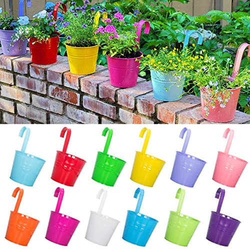 ARTKETTY Pots à Fleurs Suspendus, 16 cm, Vase en métal pour balcons, rampes et clôtures, Crochets détachables, Noir (Lot de 12)