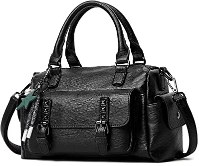 NICOLE & DORIS Handtaschen Damen Umhängetasche Klein Tasche Frauen Schultertasche Retro Crossbody Tasche Handytaschen Geldbörse Weiche Ledertasche Tote Bag mit Anhänger Schwarz
