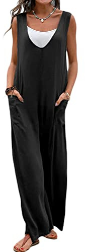 Onsoyours Salopette In Lino Da Donna Pantaloni Siamesi Sling Senza Maniche Pantaloni Larghi Tuta Casual Allentata Salopette Morbido Cotone Lino Tutina Regolabile Romper Con Tasche Nero S