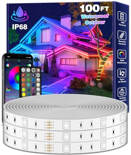 FBZ 100Ft Outdoor Waterproof LED Strip Lights,Music Sync RGB IP65 Led Lights with App Control and Remote,Color Changing Waterproof Led Rope Lights for Outdoor,Balcony,Roof,Garden,Stairs Party