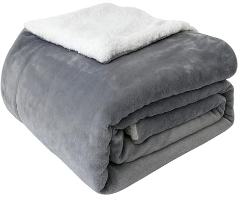LSC Sherpa Fleece Blanket Bed Throws Blankets For Sofa and Bed Dual Sided Plush Fabric Thermal Fluffy Microfiber Solid Blankets Sherpa Fleece Blanket for Winter (Grey, Double - 150x200cm)