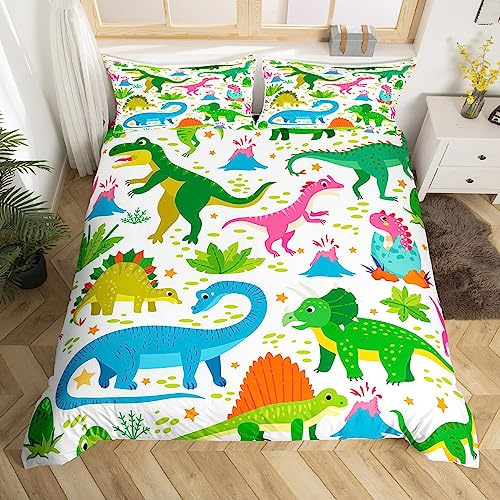 Homemissing Tecknat Dinosaurie Påslakan Dino Täcke Grön Dinosaurie Sängkläder Set för Barn Pojkar Flickor Djungel Djur Sängöverkast Överdrag med 1 Örngott Singel