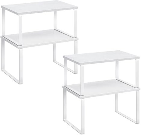 SONGMICS Kitchen Cupboard Organisers, Set of 4 Counter Storage Shelves, Stackable, Expandable Spice Racks, Metal and Engineered Wood, Cloud White and Snow White KCS027W01