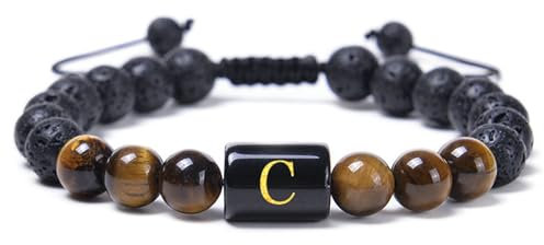 Beydodo Perlenarmbänder 18-29CM, Armband Herren Chakra 8MM Schwarz Lavagestein und Tigerauge mit Buchstabe C Charm Armbänder für Männer Verstellbar