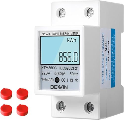 DEWIN Contatore di Energia Monofase,5(80) A 230V 50Hz Schermo LCD Contatore Energia Elettrica Misuratore Di Consumo Elettrico per Montaggio su Guida