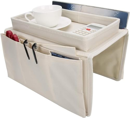 Ccomage Sofa-Tablett mit Organizer Faltbar Sofa Armrest Organiser mit Cup Holder Sofa Butler Caddy Tasche TV Fernbedienung Halter Aufbewahrungstasche für Snacks Getränke Magazin Handy iPad 31x19x21cm
