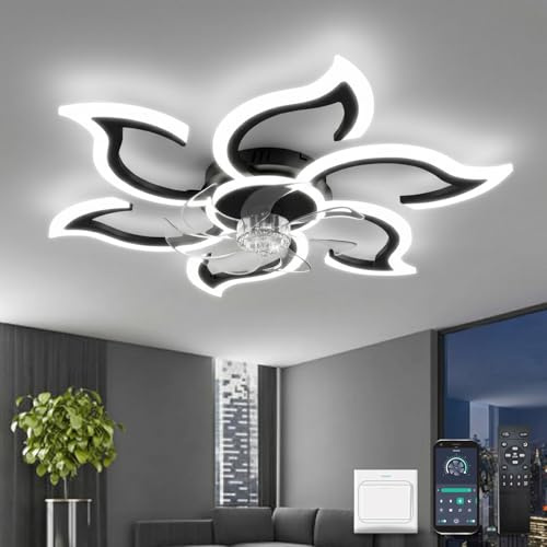 YOLEDY Deckenlampe mit Ventilator Leise mit Fernbedienung, 88cm Schlafzimmerlampe mit Ventilator, Blume Form Design, Led Deckenventilator mit Beleuchtung Dimmbar DC Motor Winterbetrieb, Schwarz
