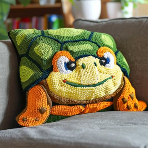 RKFLGEW DIY knüpfen set anfänger Süße Schildkröte knüpfkissen mit vordruck Cartoon-Tiere Knüpfset für Kissen，DIY，handgefertigtes Kissen，Häkelgarn，Stickerei，Knüpfset für Kissenbezüge 43x43cm