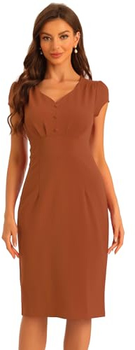 Allegra K Damen Vintage-Etuikleid, V-Ausschnitt, Flügelärmel, Geteilte Bleistiftkleider Braun XL