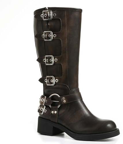 AMINUGAL Brown Knee High Boots Women Square Toe Pull On Wide Calf Moto Riding Festival Fashion Buckles Chunky Metallic Casual Vintage Buckle Rivet Boots Size 7