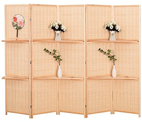 GLJTUO Raumteiler Mit 3, 4 Oder 5 Paneelen Und Ablage, Für Tür/Flur/Ankleidezimmer, Sichtschutzwand, Klappbar, Bodenstehend, Raumteiler, Paravent, Natürliches Bambusholz,5 Panels-High-180cm/70.9in