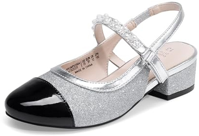DREAM PAIRS Chaussures habillées pour filles avec talons et bout rond pour petits grands enfants, fête florale, mariage, princesse, argent/noir, 34 EU