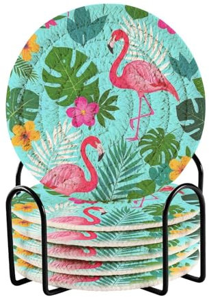 Summer Flamingos Palm Leaf Blue Cotton Coasters and Holder Set of 6 Coasters for Coffee Table House Bar Accessories