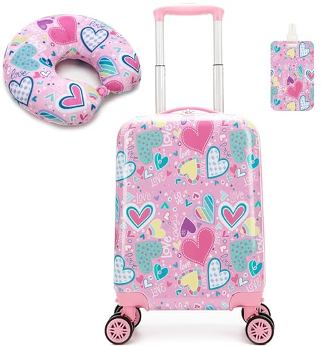Esteemly Kid's Luggage Set 16inch 2 Piece Suitcase Set Hardside Luggage with Spinner Wheels Girls Carry on Toddler Travel Rolling Suitcase with Neck Pillow Airline Approved