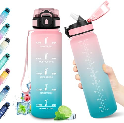 KollyKolla Borraccia 1L, Borraccia con Cannuccia e Marcatori Temporali, Bottiglia Riutilizzabile, senza BPA, Bottiglia Acqua A Prova di Perdite, ideale per Fitness, Scuola, Ufficio, Yoga