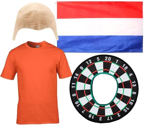 Superstar-Kostüm für Erwachsene, Motiv: Dutch Darts – orangefarbenes T-Shirt mit Glatzenmütze und Flagge, lustiges Sportkostüm – Größe S
